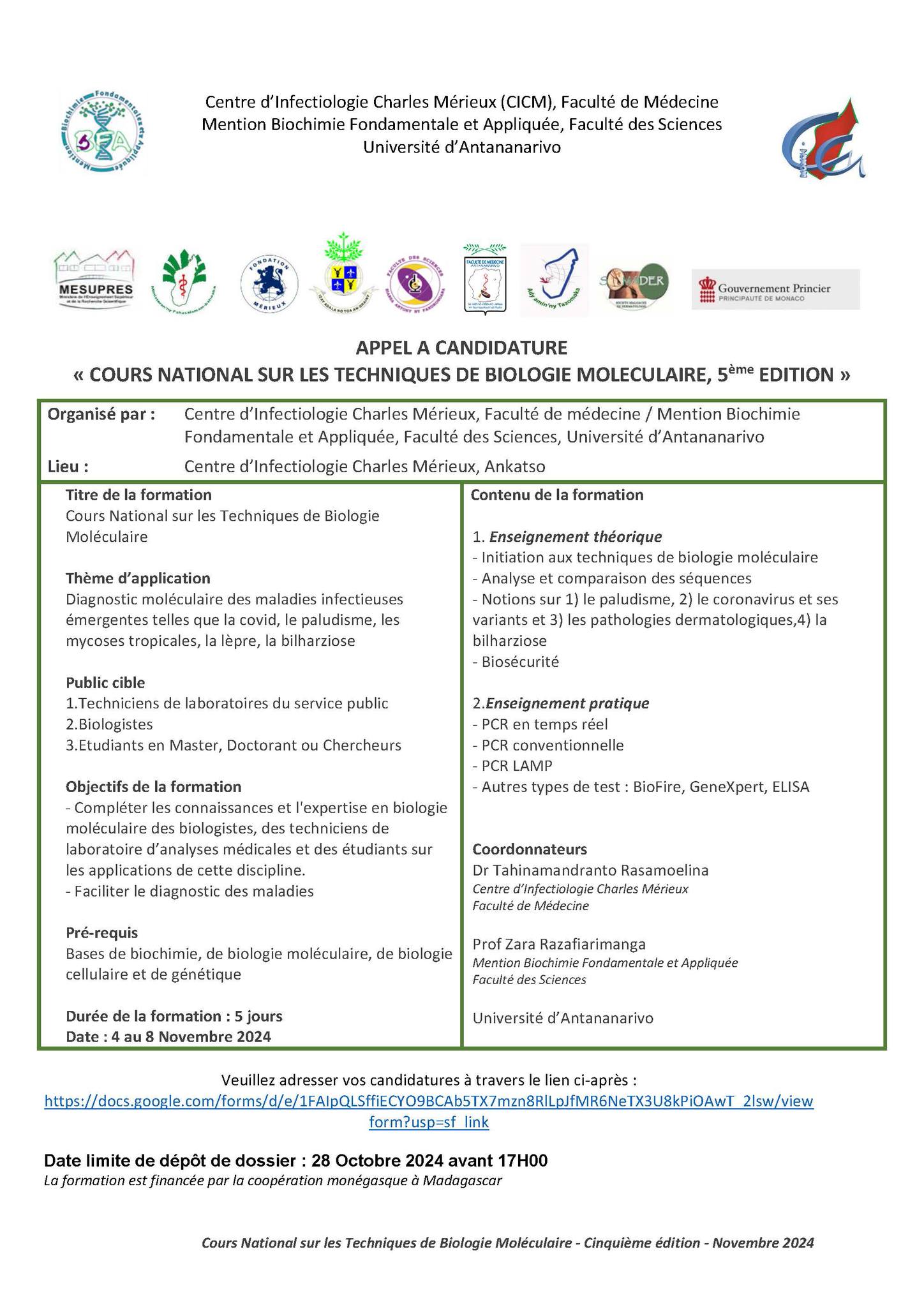 Cours national sur les techniques de biologie moleculaire, 5ème edition