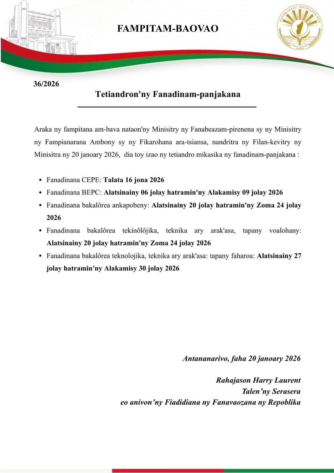 Tetiandron'ny Fanadinam-mpanjakana 2026