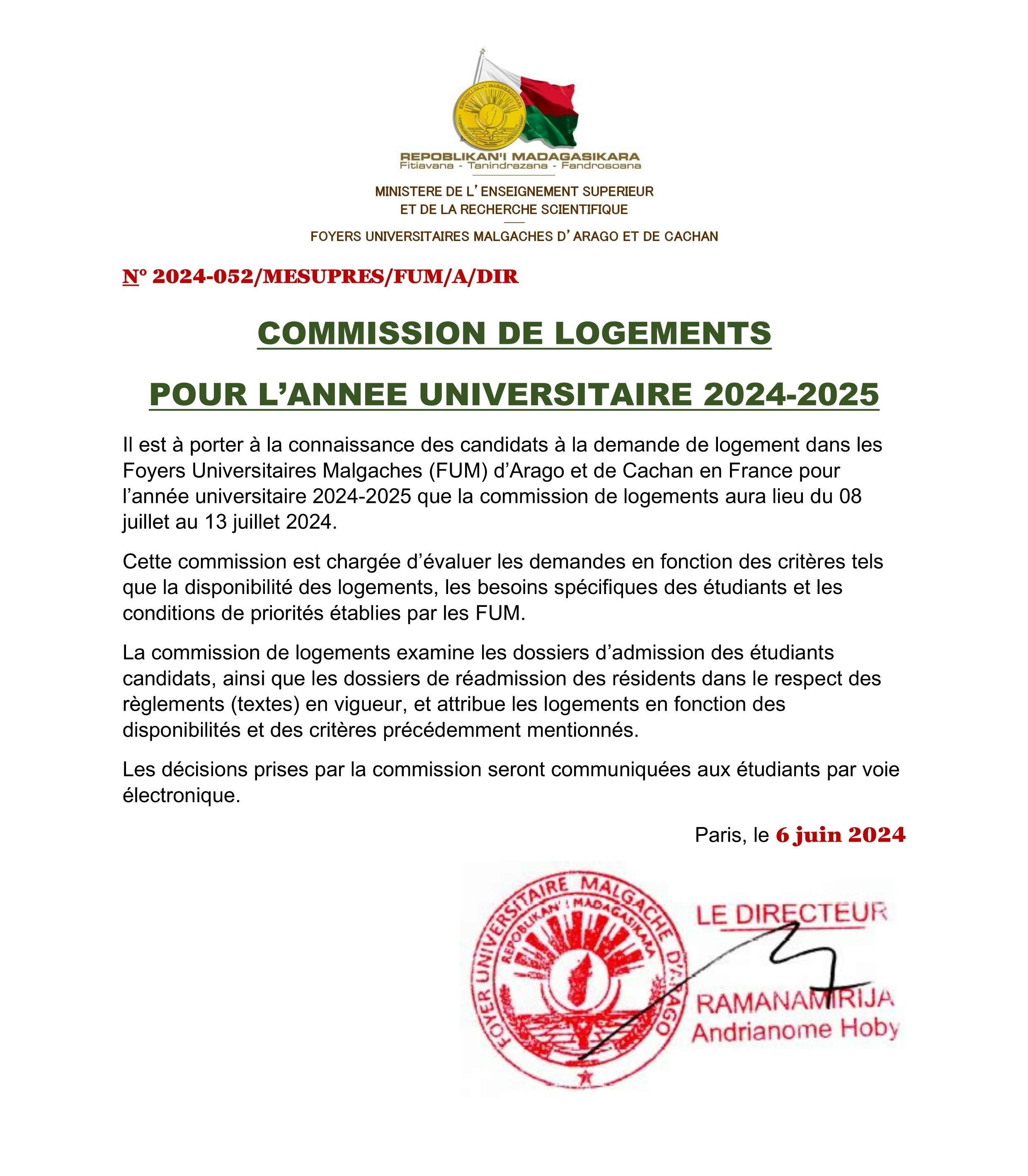 Commission de logements pour l'année universitaire 2024-2025