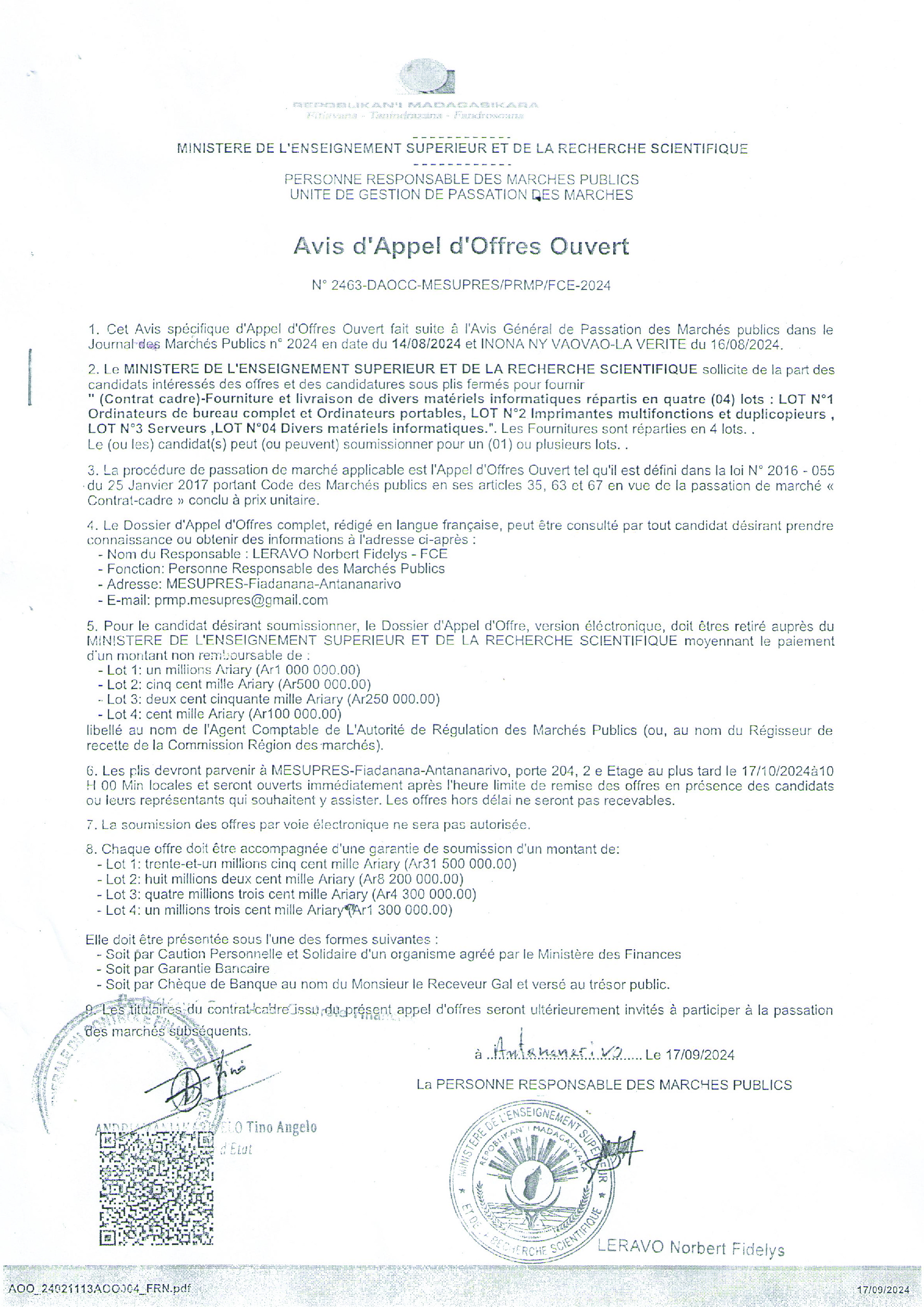 Avis d'appel d'Offres Ouvert pour la fourniture de matériels informatiques