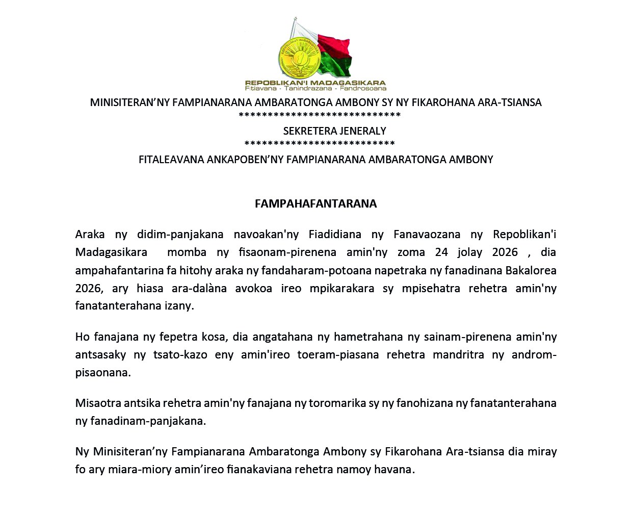 Fampahafantarana momba ny fisaonam-pirenena sy ny fanadinana Bakalorea ny zoma 24 jolay 2026