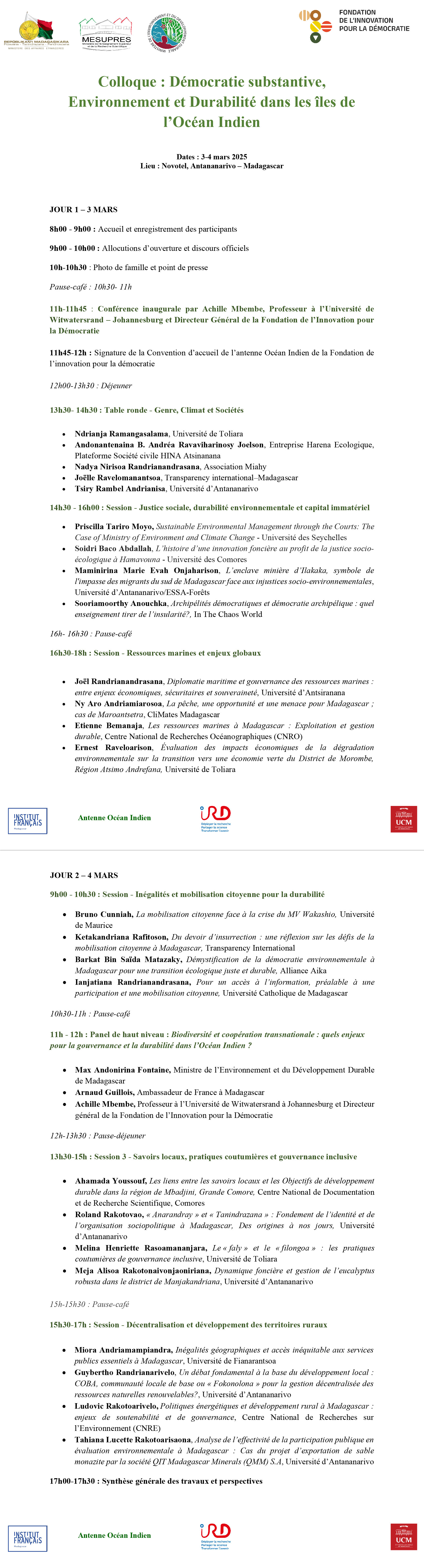 Colloque Inter-régional sur la Démocratie Substantive - Environnement et Durabilité dans l'Océan Indien - Résumé des Interventions 2025